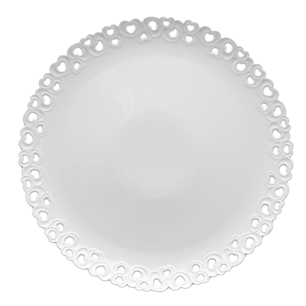Piatto torta traforato in porcellana bianca. Dimensioni: h 2,5 cm, Ø 34 Lavabile in lavastoviglie Utilizzabile in microonde Utilizzabile in forno tradizionale