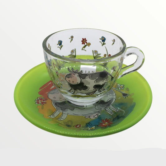 Tazzina da caffè con piattino in vetro decorato. Dimensioni: piattino Ø cm 11,5 - tazzina cm 6 x 5 h. In negozio e online su tuttochic.live