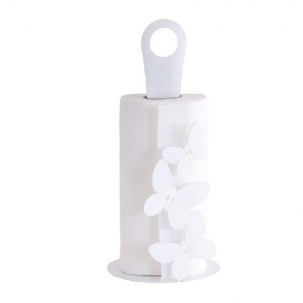 Porta rotoli in metallo verniciato con decoro farfalle. Dimensione: cm 15 x 33 H. In negozio e online su tuttochic.live