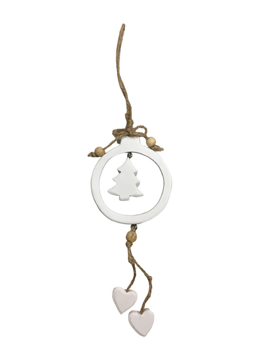 Decoro per albero di Natale realizzato con corda e legno di colore bianco .Dimensioni: anello diametro cm 8,5, altezza totale cm 31. In negozio e online su tuttochic.live