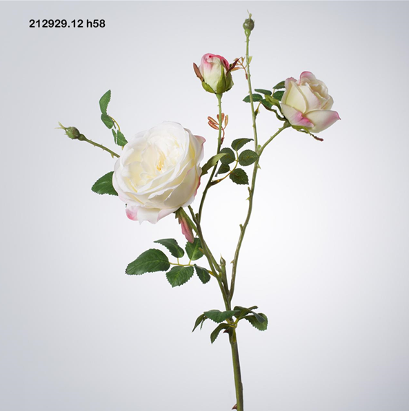 Rosa artificiale x 3 rametti. Dimensioni: cm. 58 Colore: bianco con sfumature rosa Petali e foglie in tessuto, stelo in plastica. In negozio e online su tuttochic.live