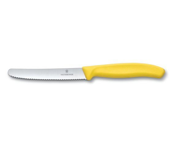 Coltello da tavola e per pomodoro realizzato in Svizzera con filo ondulato ultra affilato e con impugnatura ergonomica. Lunghezza della lama cm 11. Lavabile in lavastoviglie. In negozio e online su tuttochic.live