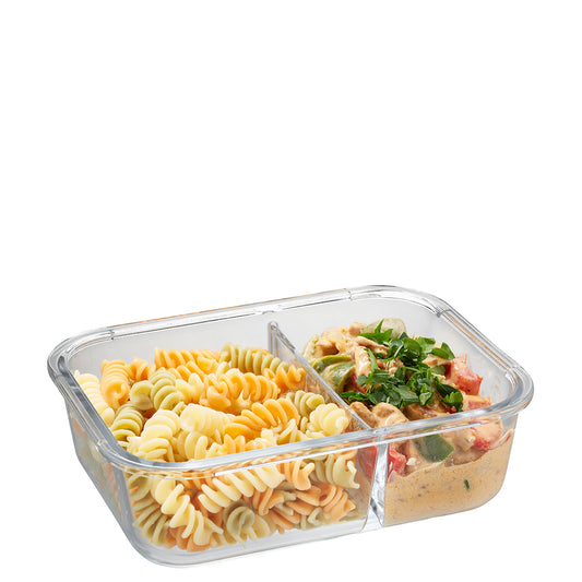 Contenitori per alimenti in vetro borosilicato MILO con coperchi in acciaio inossidabile a scatto, un divisorio integrato consente di conservare diversi alimenti separatamente l'uno dall'altro. Capacità 300 ml + 500 ml adatto per forno e microonde L 23,2 cm, P 17,6 cm, H 7,5 c. in negozio e online su tutttochic.it