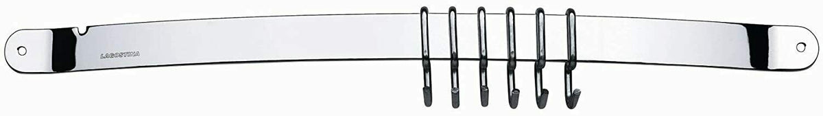 Barra appendi mestoli standard da parete in acciaio inox. Larghezza 42,5 cm con 6 ganci. Lavabile in lavastoviglie. In negozio e online su tuttochic.live