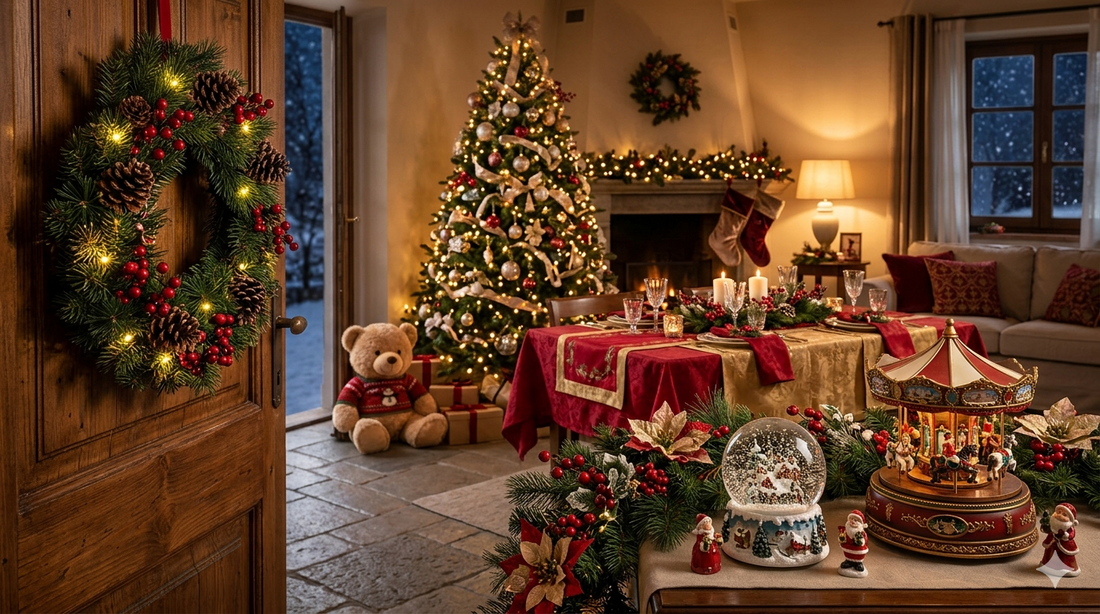 Idee per decorare casa a Natale con ghirlande, carillon, sferacqua e tavola natalizia imbandita.