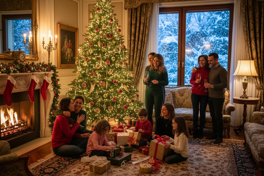 Famiglia riunita attorno all'albero di Natale illuminato a LED in un salotto elegante e accogliente