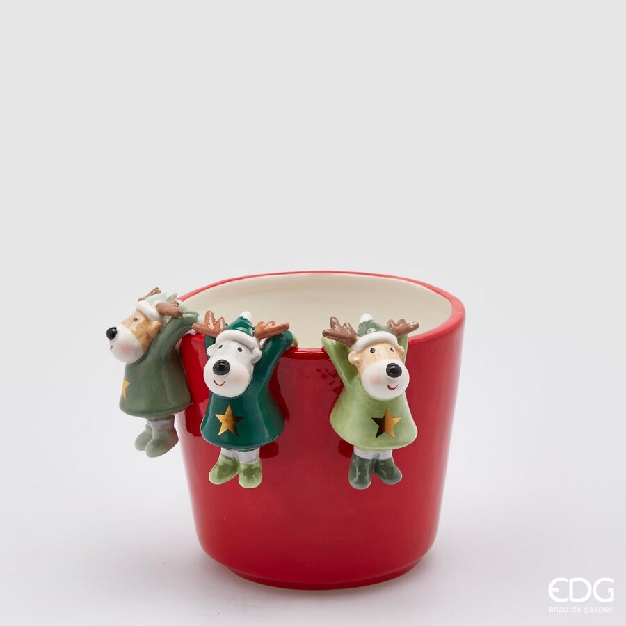Vaso in ceramica decorata con renne a rilievo. Dimensioni: altezza cm 14, diametro cm 14,5.  In negozio e online su tuttochic.live