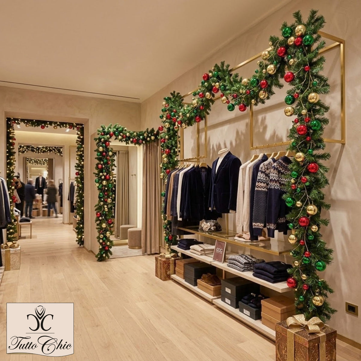 Festone natalizio Pallemix di EDG Enzo De Gasperi lungo 180 cm, composto da rami metallici flessibili con 100 sfere lucide nei colori rosso, verde e oro su festone di pino artificiale, allestimento di un negozio per Natale.