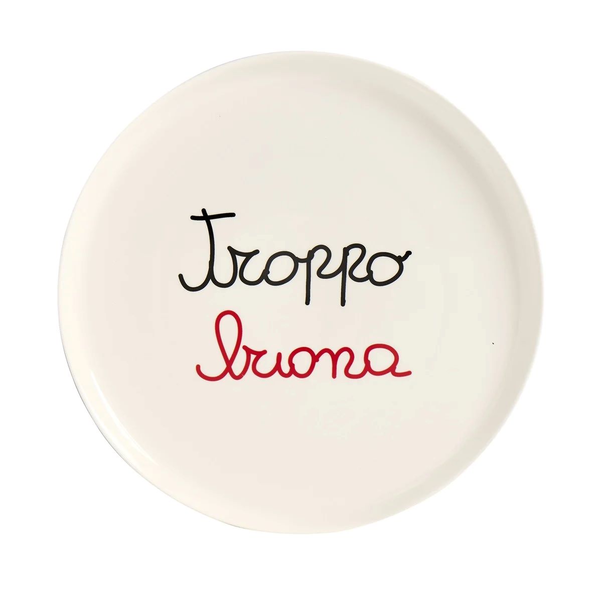 Prendi la sfida e goditi la tua pizza preferita su questo piatto in gres ceramico "troppo buona"! Con un divertente decoro che ti farà sorridere, questo piatto è resistente e facile da pulire. Diametro: 31,5 cm Lavabile in lavastoviglie. In negozio e online su tuttochic.live