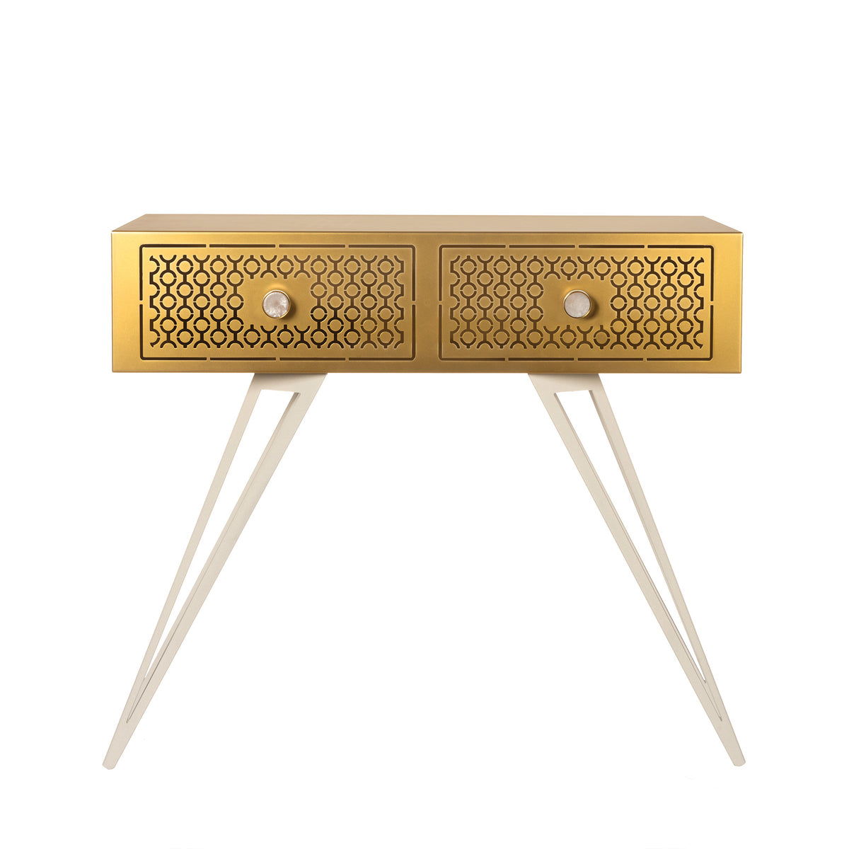Consolle Mayfair Grande Arti e Mestieri metallo oro trasparente con gambe bianco marmo