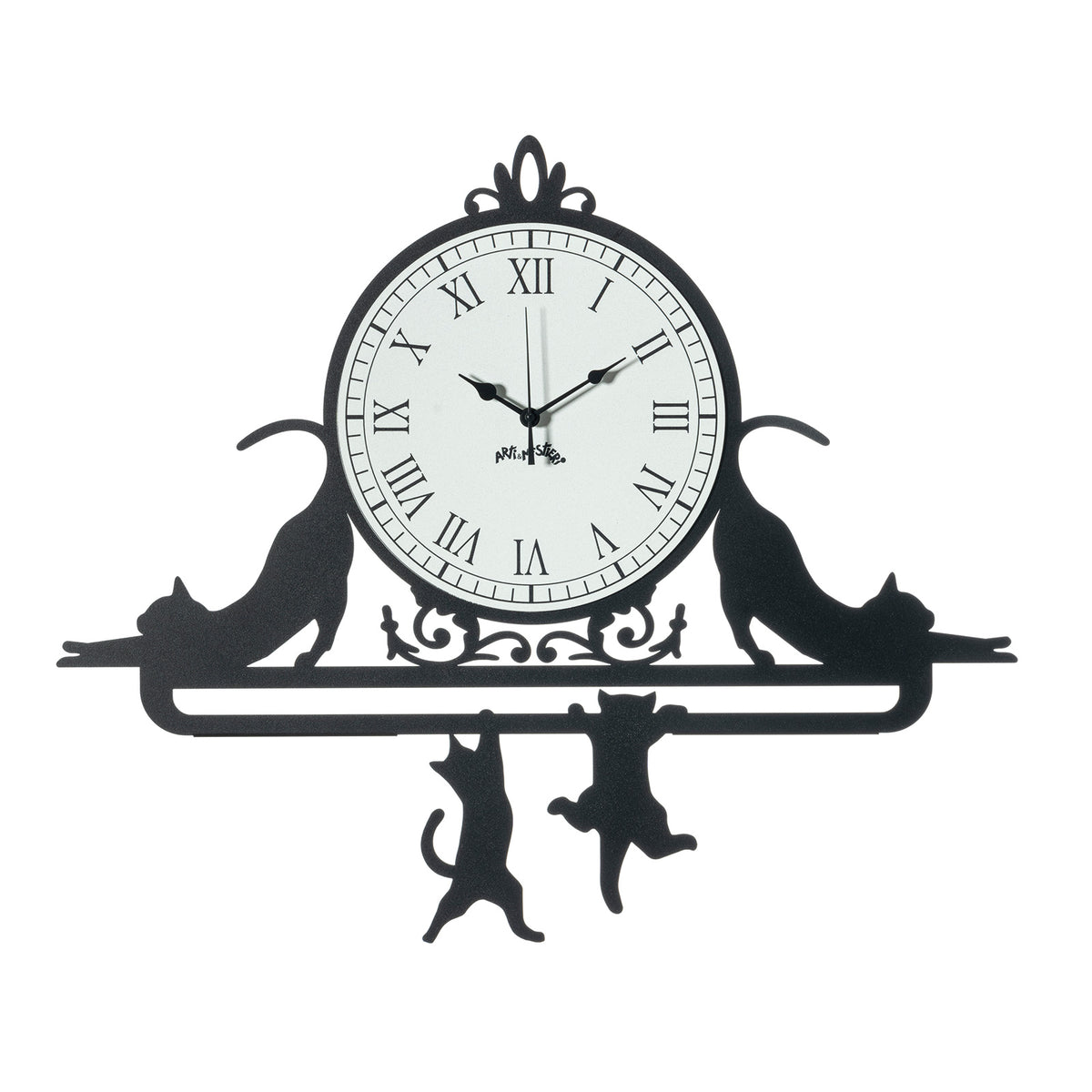 Orologio Cattitude da parete, realizzato in ferro e di colore nero, il complemento d’arredo per chi vuole unire l’utilità all’amore per gli animali. Originale e simpatico rappresenta l’allegria e la freschezza degli ambienti. Dimensioni: 62 X 52 cm. In negozio e online su tuttochic.live