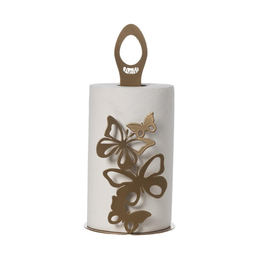 Portarotolo da tavolo Farfalloso! Realizzato in metallo colorato, il suo design unico e originale è caratterizzato da quattro farfalle frontali di varie dimensioni, con ali finemente traforate. Dimensioni: 15 x 33 H cm. In negozio e online su tuttochic.live