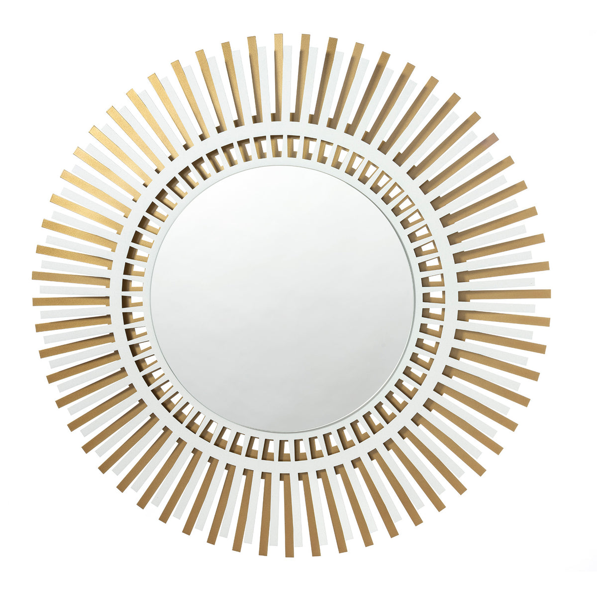 Specchio da parete rotondo Narciso di Arti e Mestieri con cornice geometrica a raggiera in metallo color oro trasparente e bianco marmo.