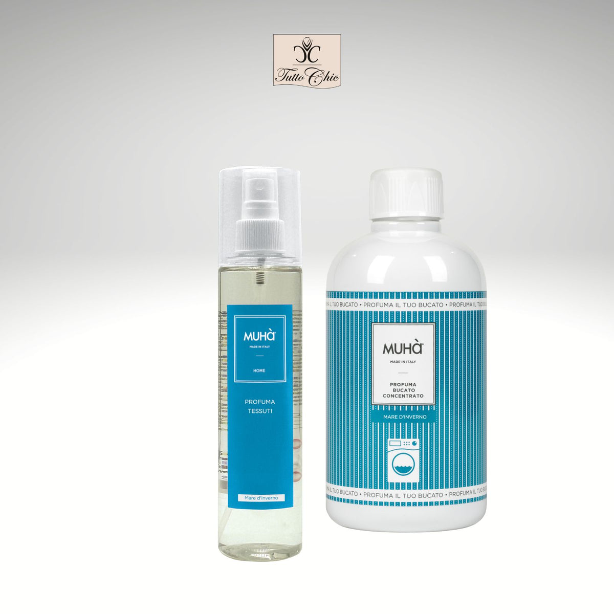 Kit regalo Muhà Mare d'Inverno con profuma bucato e spray per tessuti, fragranza fresca e ozonata, elegante confezione regalo coordinata, Tutto Chic.