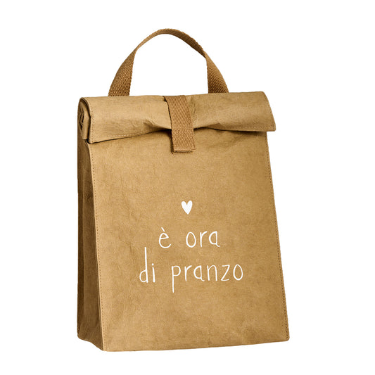 Sacchetto porta-pranzo termico Simple Day in fibra di cellulosa avana con scritta bianca "E' ora di pranzo".