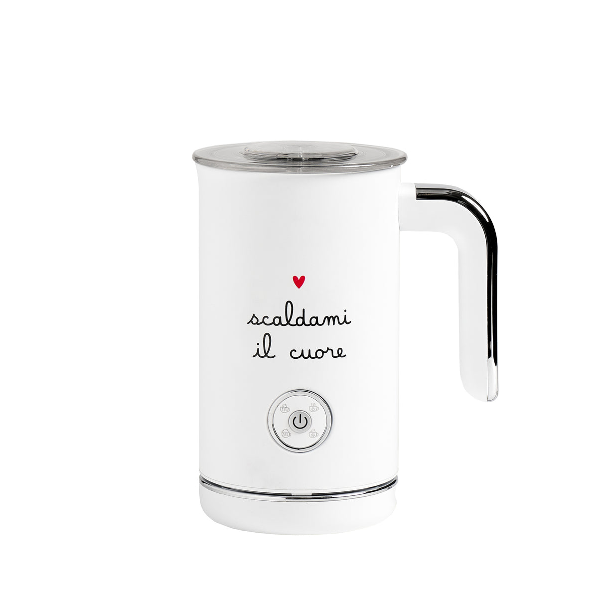 Montalatte elettrico Simple Day bianco in metallo con scritta decorativa "Scaldami il cuore".