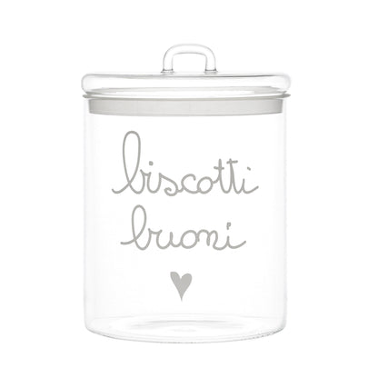 La Biscottiera "biscotti buoni" di Simple Day è elegante e funzionale, realizzata in pregiato vetro borosilicato trasparente con guarnizione ermetica per mantenere i biscotti freschi e croccanti. In negozio e online su tuttochic.live