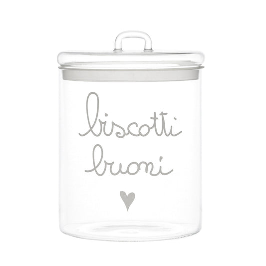 La Biscottiera "biscotti buoni" di Simple Day è elegante e funzionale, realizzata in pregiato vetro borosilicato trasparente con guarnizione ermetica per mantenere i biscotti freschi e croccanti. In negozio e online su tuttochic.live
