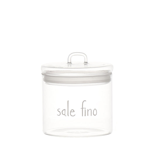 Barattolo "sale fino" Realizzato in vetro borosilicato Dimensioni: ø 12 x h 13 cm - lavabile in lavastoviglie. In negozio e online su tuttochic.live