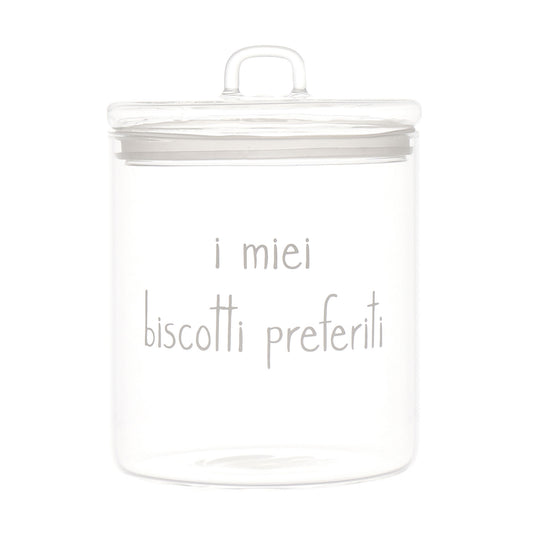 La Biscottiera "i miei biscotti preferiti" di Simple Day è elegante e funzionale, realizzata in pregiato vetro borosilicato trasparente con guarnizione ermetica per mantenere i biscotti freschi e croccanti. Dimensioni diametro 15cm x altezza 22cm. Prodotto disegnato in Italia. In negozio e online su tuttochic.live