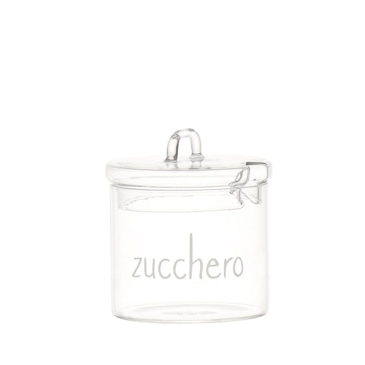 zuccheriera in vetro borosilicato trasparente Il coperchio è dotato di un comodo incavo per il cucchiaino. Dimensioni: ø 9 x h 11 cm. In negozio e online su tuttochic.live