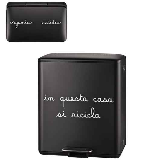 Pattumiera a pedale in metallo nero con i suoi 2 pratici scomparti interni in plastica per organico e residuo, 15 e 25 lt. In negozio e online su tuttochic.live