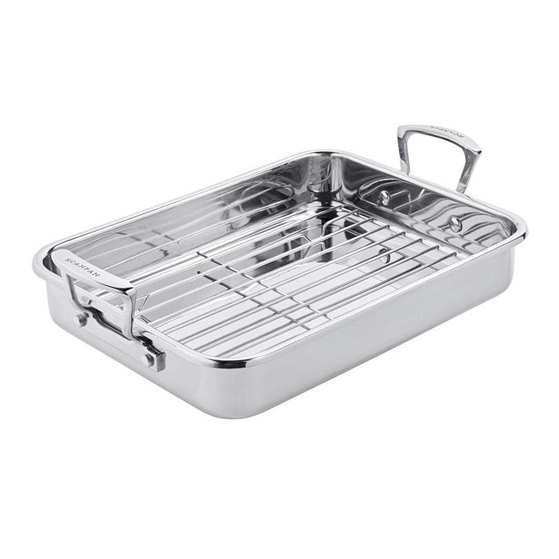 Teglia da forno Impact di Scanpan con griglia e manici in acciaio, adatta a induzione e forno fino a 250°C, dimensioni 42,5x26xh11 cm