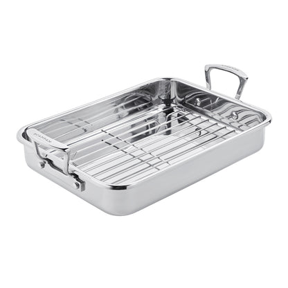 Teglia da forno Impact di Scanpan con griglia e manici in acciaio, adatta a induzione e forno fino a 250°C, dimensioni 42,5x26xh11 cm