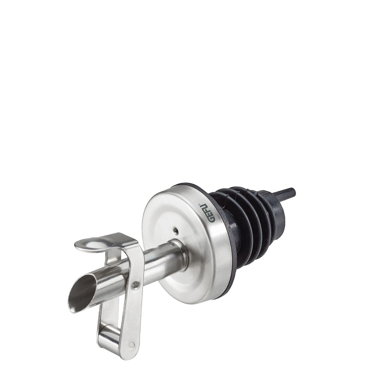 Dosatore versatore SEESAW di GEFU in acciaio inox con coperchio automatico per bottiglie di olio e aceto.