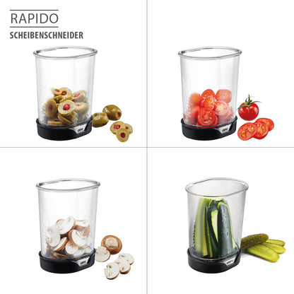 Crea in un batter d'occhio fette di circa 4 mm di spessore da verdure fresche e frutta e le raccoglie in un pratico contenitore. Dimensioni: 10,3 x 7,7 cm x h 12 cm Peso: 70 g. In negozio e online su tuttochic.live