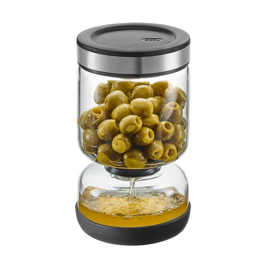 Barattolo scolante LAVINA di GEFU in vetro borosilicato con sistema a doppia camera, disponibile in due misure (900ml e 1300ml).