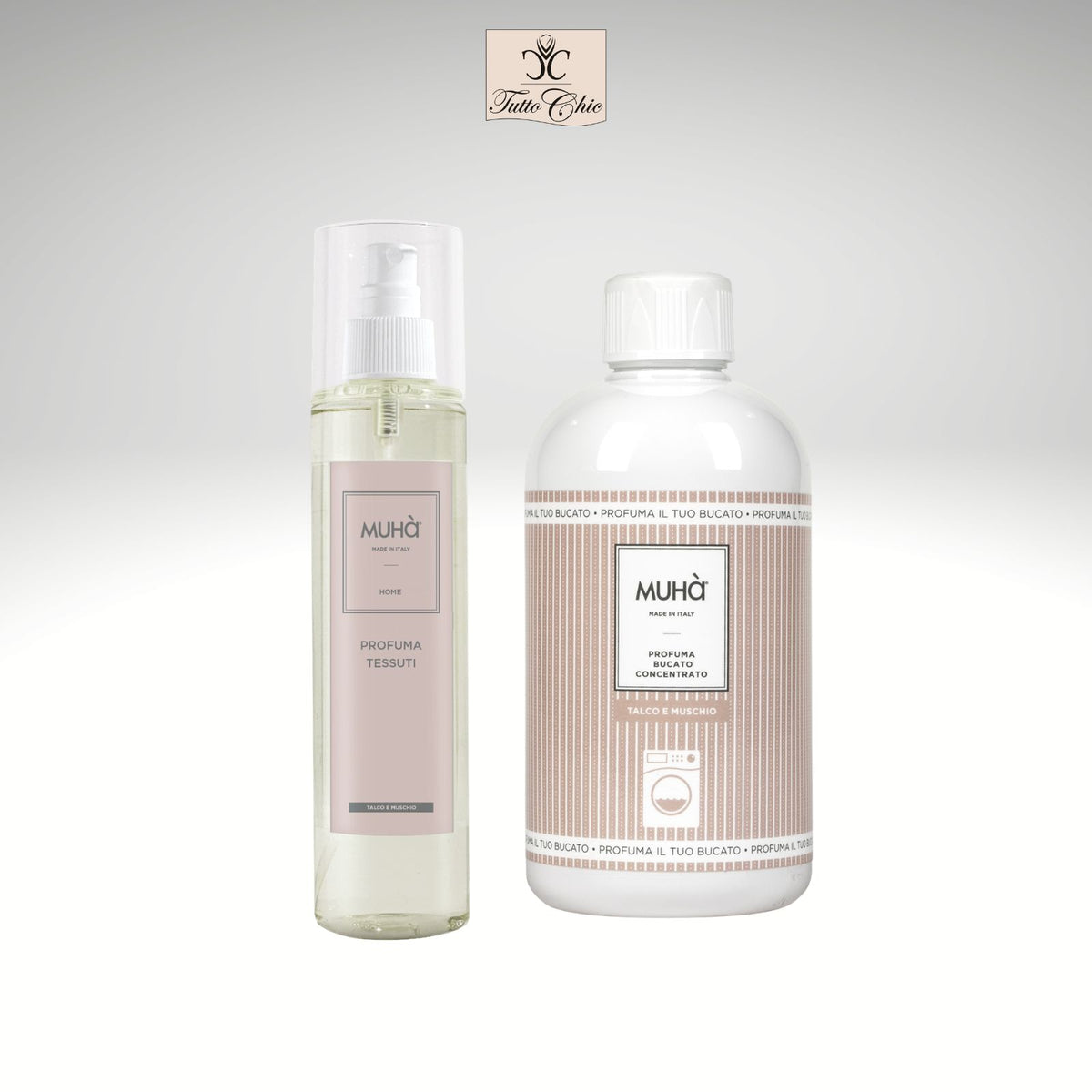 Kit regalo Muhà con flacone di profuma bucato concentrato e spray per tessuti, fragranza Talco e Muschio, confezione elegante Made in Italy, Tutto Chic.