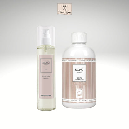 Kit regalo Muhà con flacone di profuma bucato concentrato e spray per tessuti, fragranza Talco e Muschio, confezione elegante Made in Italy, Tutto Chic.