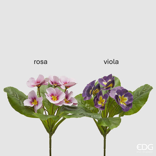 Cespuglio Primula Olis. L'alta qualità dei fiori e delle foglie artificiali, disponibili in rosa o viola, conferisce un tocco di eleganza e raffinatezza alla tua decorazione.  Dimensioni: h cm 28. In negozio e online su tuttochic.live
