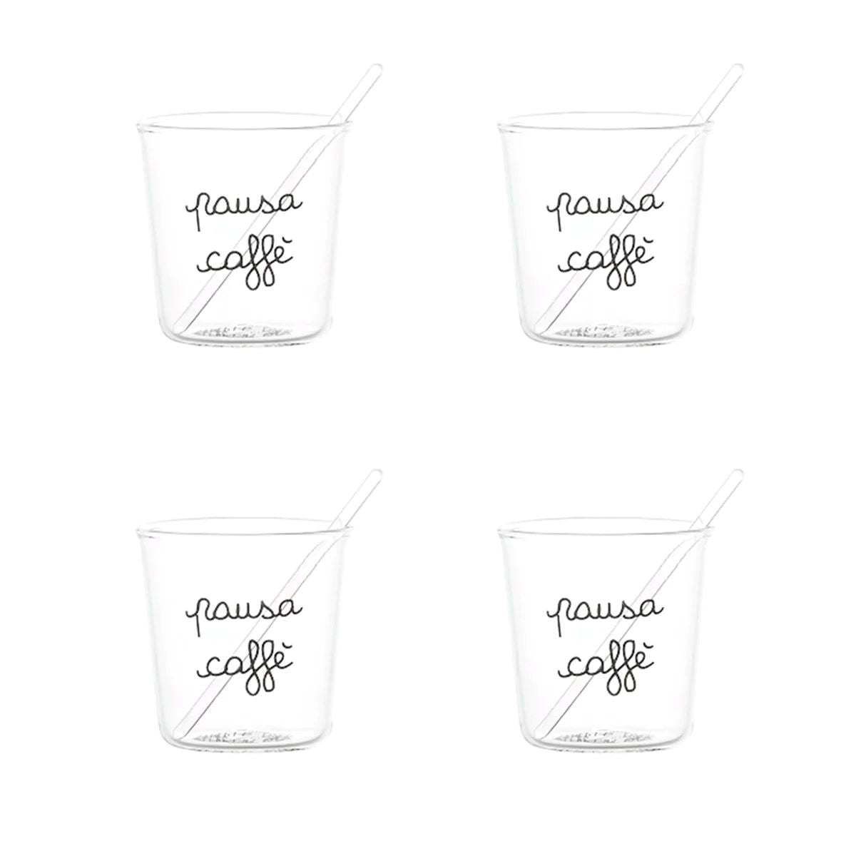 Goditi il tuo espresso con stile e un pizzico di ironia con il set di 4 bicchierini espresso "Pausa Caffè". Realizzati in resistente vetro borosilicato con decoro "Pausa Caffè" in nero. Lavabili in lavastoviglie. Dimensioni: Ø 5.8 cm x h 6 cm - palettina in vetro inclusa.  In negozio e online su tuttochic.live