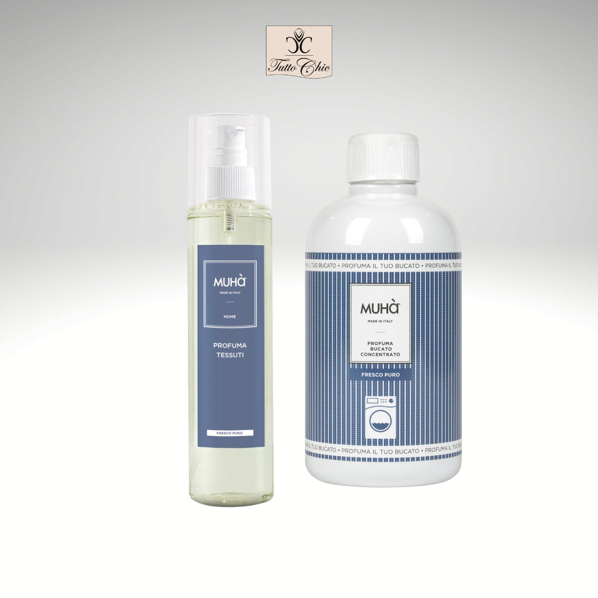 Kit regalo Muhà Fresco Puro con profuma bucato concentrato e spray tessuti, fragranza ai fiori bianchi e muschio, scatola regalo coordinata, Tutto Chic.