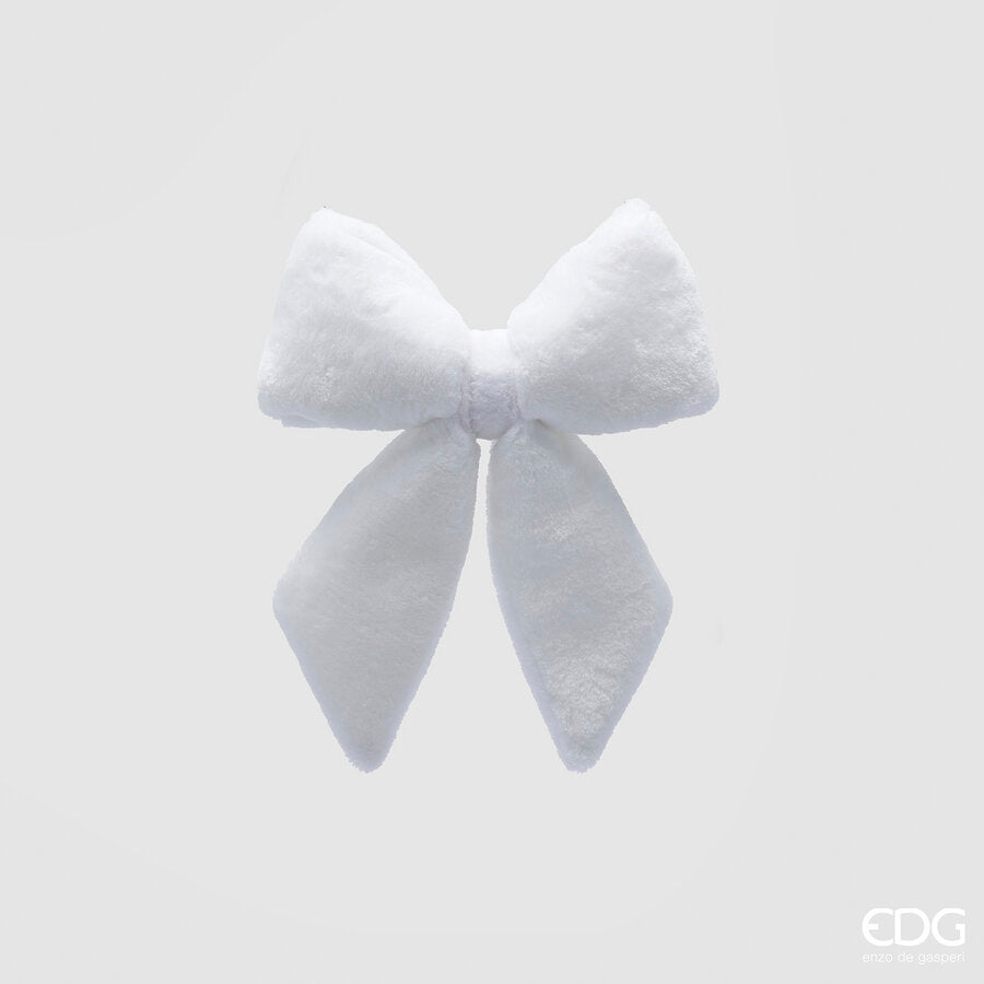 Fiocco natalizio decorativo pre-annodato in soffice tessuto effetto pelliccia bianco vellutato, modello piccolo alto 30 cm firmato EDG Enzo De Gasperi su sfondo grigio chiaro.