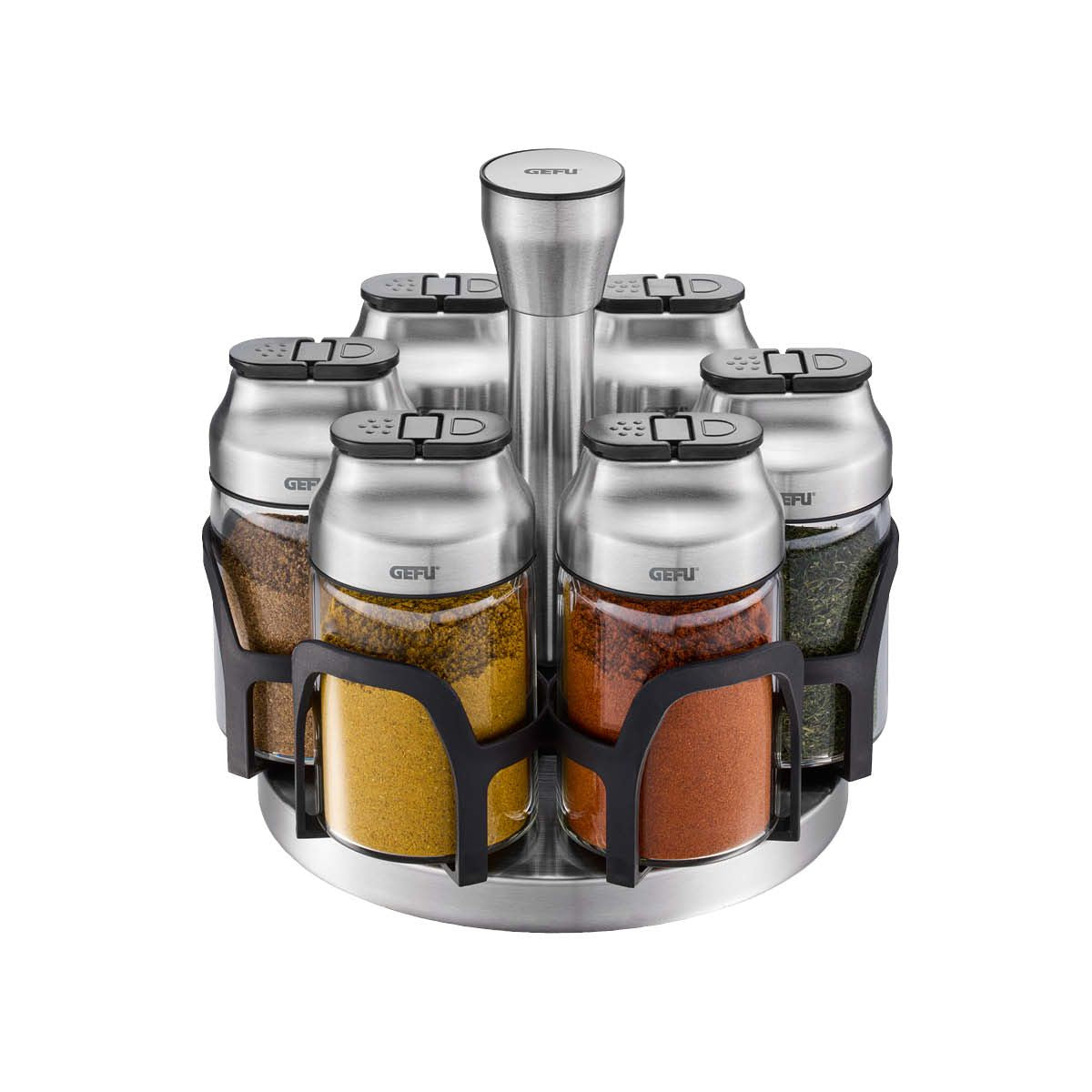 Portaspezie girevole KIPPO con 6 contenitori in vetro per spezie ed erbe apertura del coperchio a cerniera. dimensioni Ø 17,3 cm, alt. 15,8 cm• vetro borosilicato / acciaio inox pregiato / resina / silicone. In negozio e online su tuttochic.live