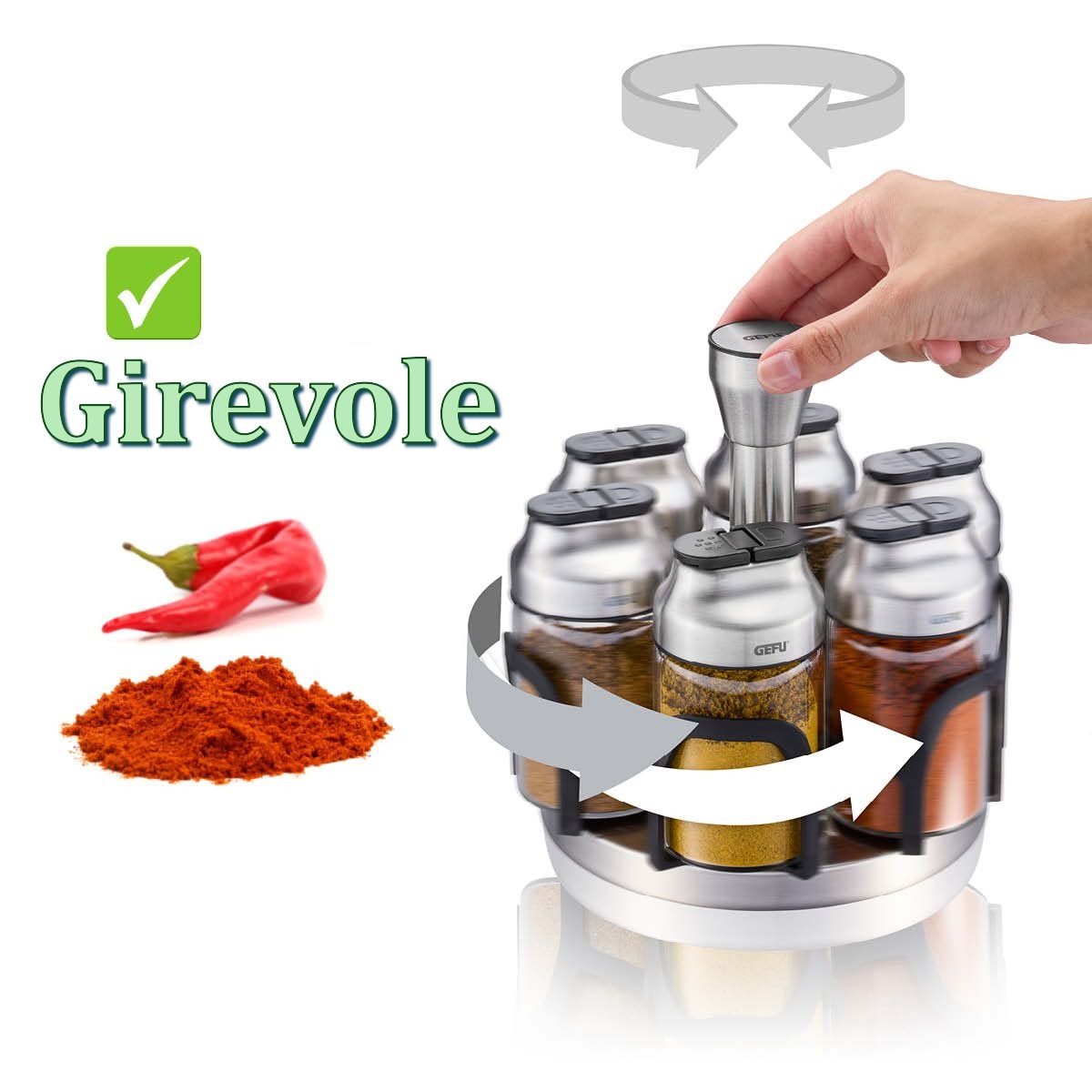 Portaspezie girevole KIPPO con 6 contenitori in vetro per spezie ed erbe apertura del coperchio a cerniera. dimensioni Ø 17,3 cm, alt. 15,8 cm• vetro borosilicato / acciaio inox pregiato / resina / silicone. In negozio e online su tuttochic.live