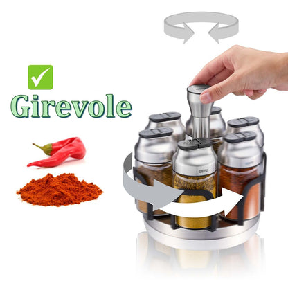 Portaspezie girevole KIPPO con 6 contenitori in vetro per spezie ed erbe apertura del coperchio a cerniera. dimensioni Ø 17,3 cm, alt. 15,8 cm• vetro borosilicato / acciaio inox pregiato / resina / silicone. In negozio e online su tuttochic.live