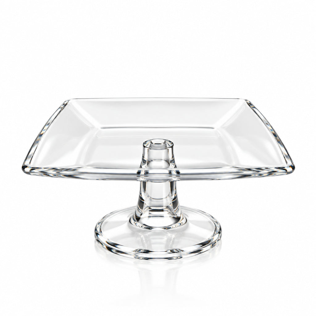 Alzatina quadrata in vetro trasparente Ego dimensioni 15x15 cm su base rotonda vista frontale