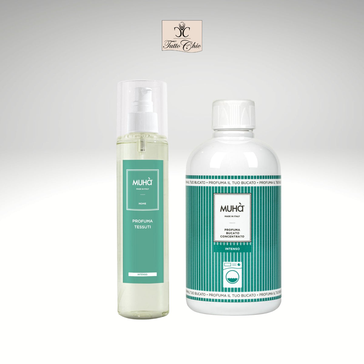 Kit regalo Muhà Acqua Marina con flacone profuma bucato e spray tessuti, fragranza fresca e agrumata, confezione regalo Made in Italy, Tutto Chic.