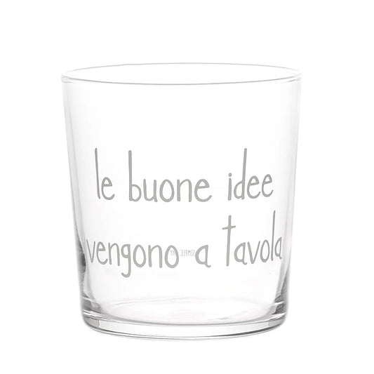 Riempi la tua tavola con stile grazie a questi 6 bicchieri in vetro temperato, ognuno con una scritta serigrafata che inciterà alla creatività durante i pasti. "Le buone idee vengono a tavola" diventerà il motto della tua casa! Set 6 bicchieri 35,5cl Disegnato e prodotto in Italia. In negozio e online su tuttochic.live