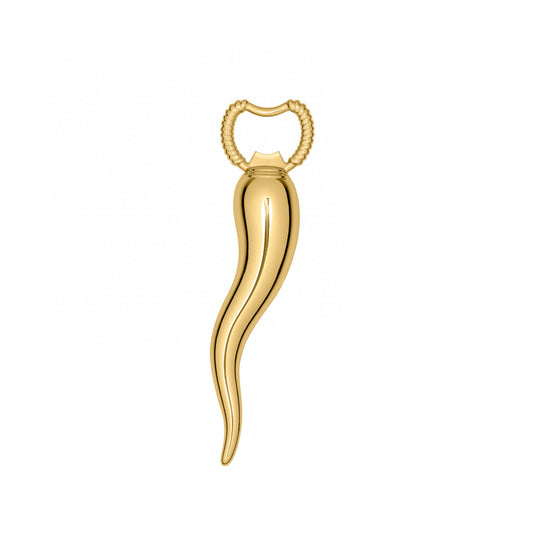 C-Hornetto. Un apribottiglie dal design altamente simbolico, icona di buon auspicio, ma anche di fertilità, virilità e forza fisica. Un oggetto inusuale, un'idea regalo insolita e spiritosa. Realizzato in zama, colore oro. Dimensioni: 16 x 4 cm. Si consiglia di lavare a mano. In negozio e online su tutttochic.it