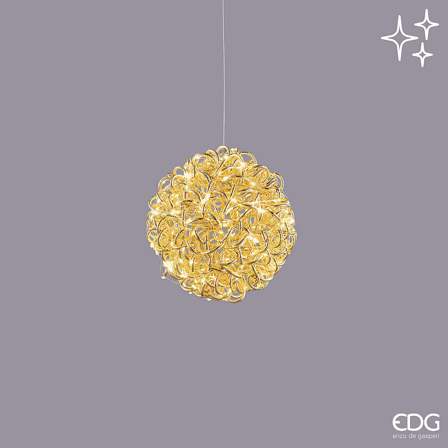 Sfera luminosa natalizia Curly Gold da 25 cm firmata EDG Enzo De Gasperi sospesa da interno ed esterno protetto.