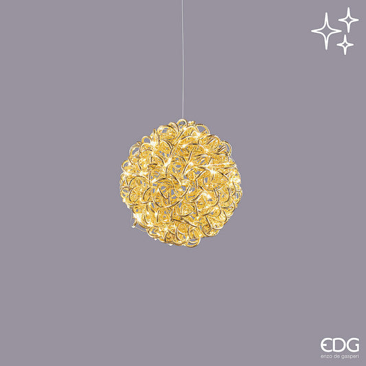 Sfera luminosa natalizia Curly Gold da 25 cm firmata EDG Enzo De Gasperi sospesa da interno ed esterno protetto.