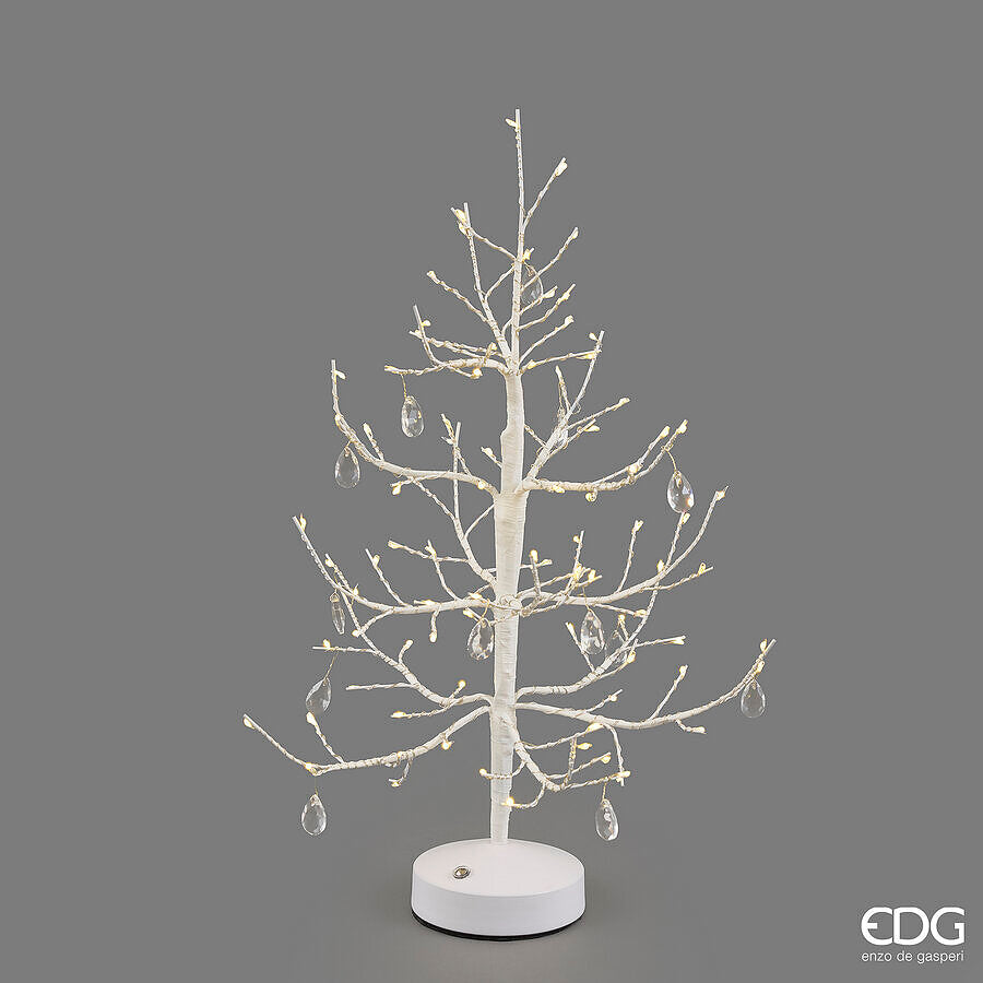 Albero di Natale a LED da tavolo modello Faggio White alto 45 cm, versione ricaricabile senza fili con 12 pendenti a goccia trasparenti effetto diamante, di EDG Enzo De Gasperi.