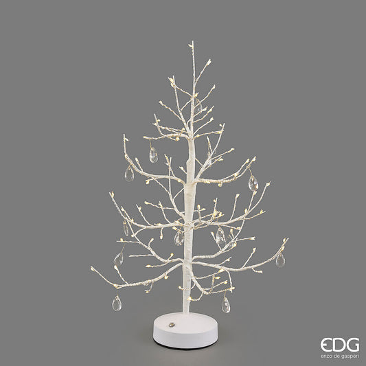 Albero di Natale a LED da tavolo modello Faggio White alto 45 cm, versione ricaricabile senza fili con 12 pendenti a goccia trasparenti effetto diamante, di EDG Enzo De Gasperi.