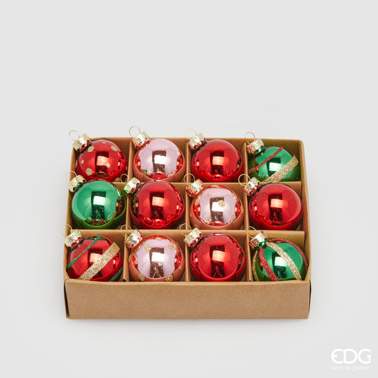Confezione di 12 palline per albero di Natale in vetro di colore rosso, rosa e verde decorate con glitter, diametro pallina 4 cm. In negozio e online su tuttochic.live