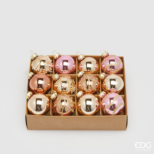 Confezione di 12 palline per albero di Natale in vetro di colore rosa e oro decorate con glitter, diametro pallina 4 cm. In negozio e online su tuttochic.live
